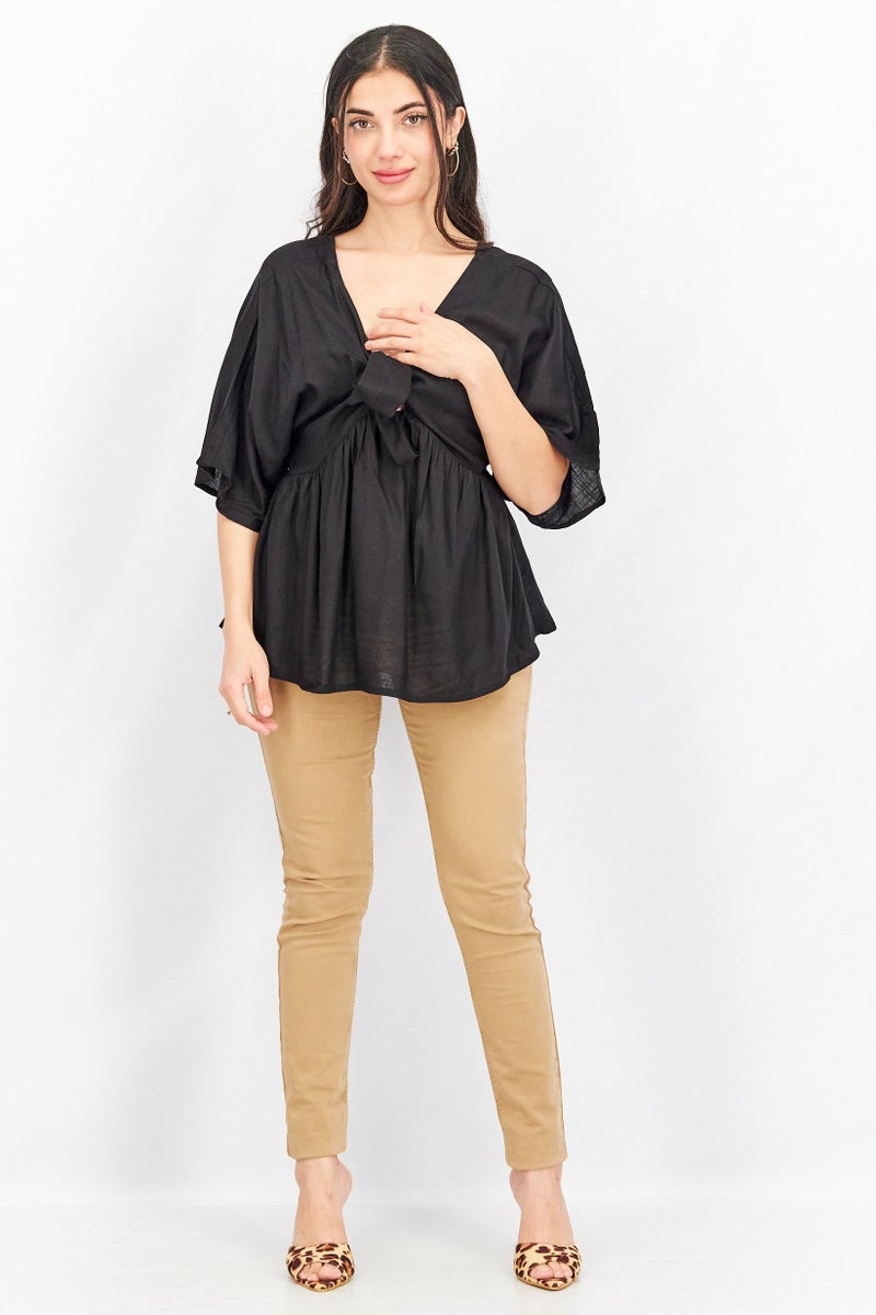 ASOS بلوزة كيمونو قصيرة الأكمام للنساء بتصميم سادة مع رباط حول العنق، سوداء - Image 3